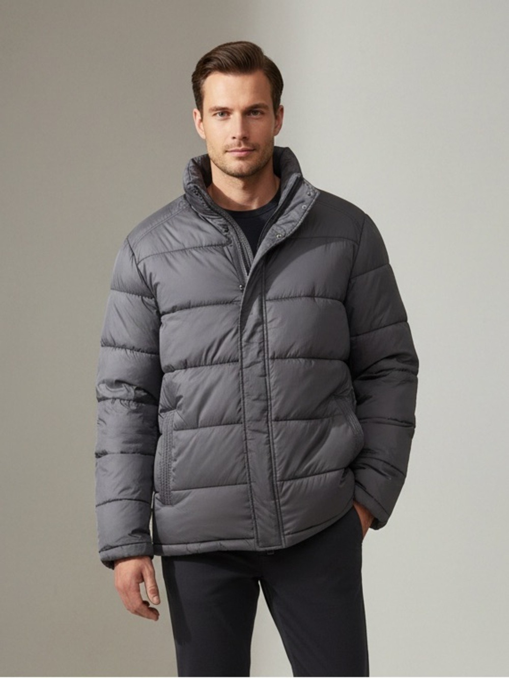 Andrew Marc Men's XL Quilted Puffer Jacket Coat Grey Mock Neck Gorpcore Full Zip